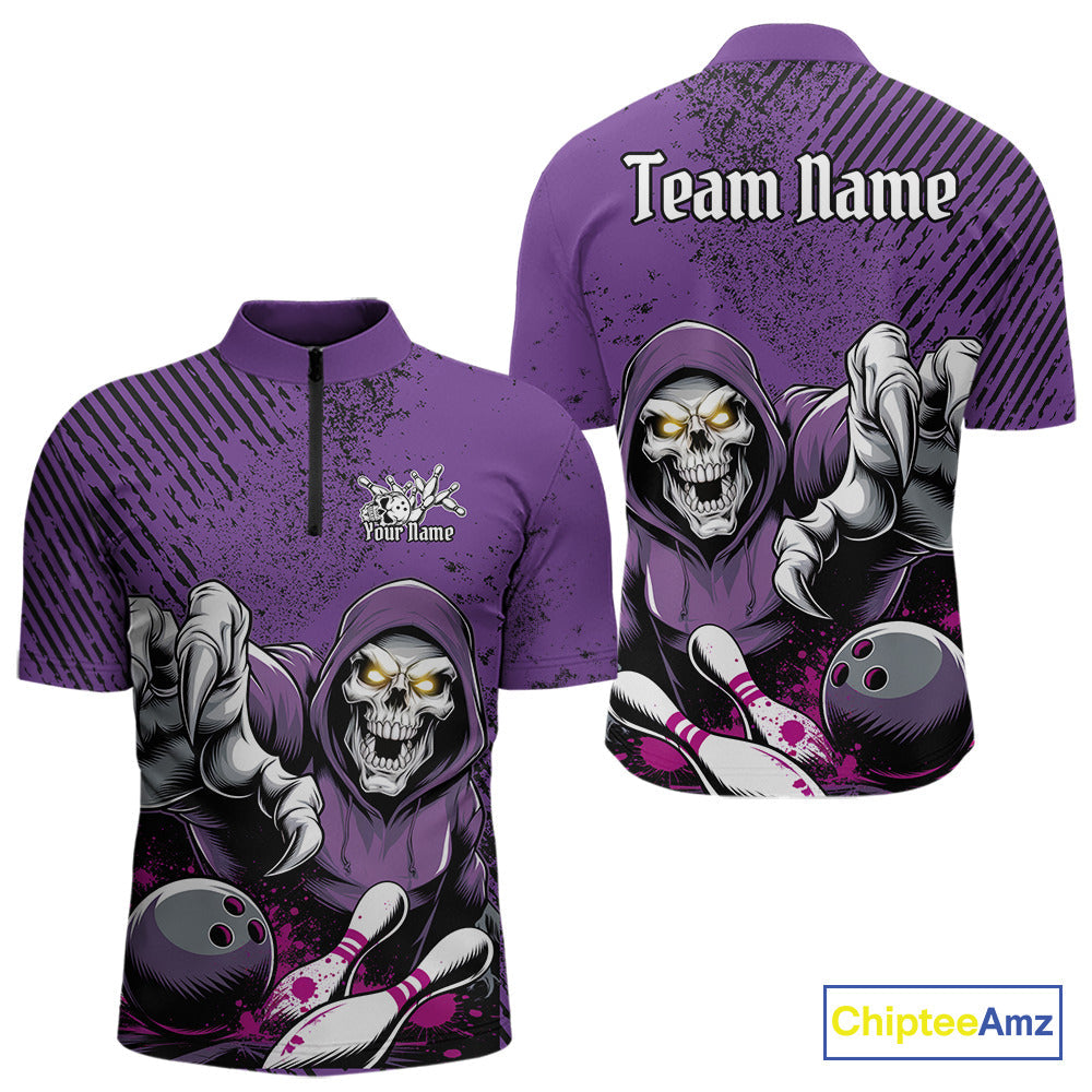 Custom Purple Splatter Skeleton Grim Reaper Bowling Men Quarter-Zip Shirts, Halloween Outfits IPHW9896