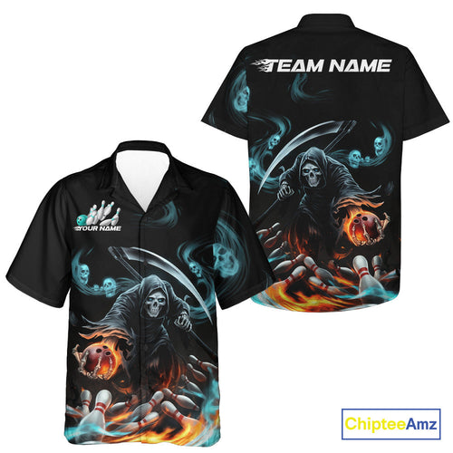 Custom Blue Skull Smoke Grim Reaper Bowling Men And Women Hawaiian Shirt, Halloween Bowling Jerseys IPHW9900