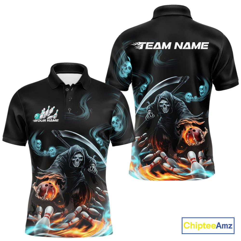 Custom Blue Skull Smoke Grim Reaper Bowling Men Polo Shirt, Halloween Bowling Jerseys IPHW9900