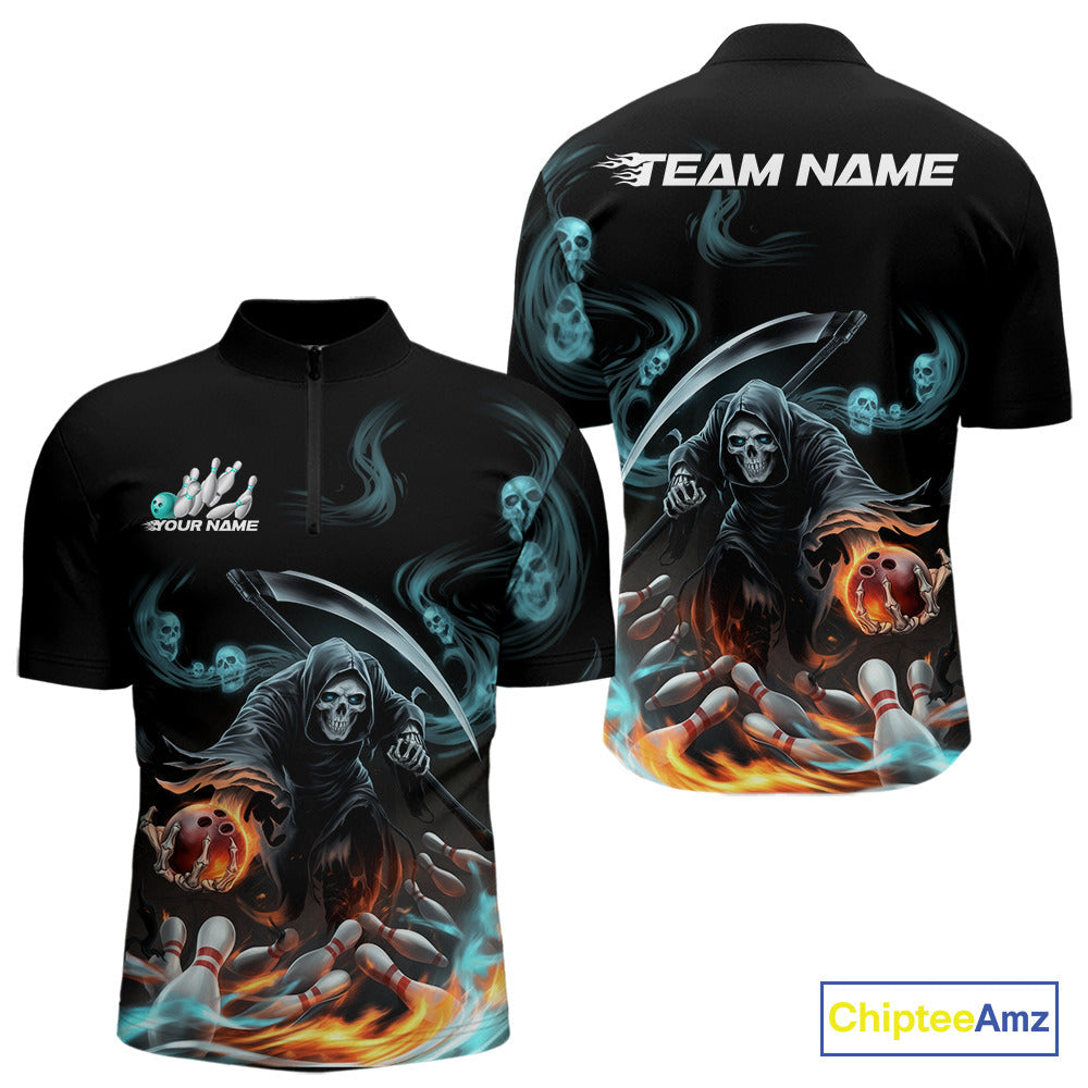 Custom Blue Skull Smoke Grim Reaper Bowling Men Quarter-Zip Shirt, Halloween Bowling Jerseys IPHW9900