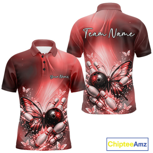 Front and back display of a red men’s bowling polo shirt featuring a butterfly beside a bowling ball and scattered bowling pins.