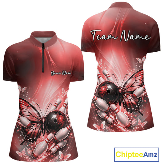 Front and back mockup of a red women’s bowling quarter-zip shirt showcasing a butterfly beside a bowling ball with scattered bowling pins.