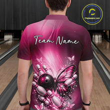 Load image into Gallery viewer, Custom Pink Butterfly Bowling Team Men Polo Shirt, Bowling League Shirt IPHW11038