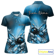 Load image into Gallery viewer, Front and back mockup of a blue women’s bowling polo shirt featuring a butterfly beside a bowling ball with scattered bowling pins.