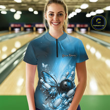 Load image into Gallery viewer, Custom Blue Butterfly Bowling Team Women Quarter-Zip Shirt, Bowling League Shirt IPHW11039