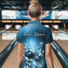 Load image into Gallery viewer, Custom Blue Butterfly Bowling Team Women Quarter-Zip Shirt, Bowling League Shirt IPHW11039
