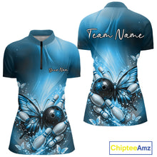 Load image into Gallery viewer, Custom Blue Butterfly Bowling Team Women Quarter-Zip Shirt, Bowling League Shirt IPHW11039