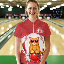 Load image into Gallery viewer, Female model wearing a white and red bowling quarter-zip shirt at a bowling lane with an orange British Shorthair cat in sunglasses beside a bowling ball.