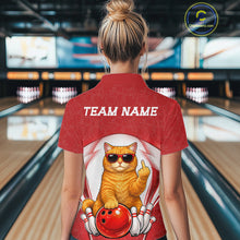 Load image into Gallery viewer, Back view of a female model in a bowling alley wearing a white and red quarter-zip shirt featuring a cool British Shorthair cat and bowling ball artwork.