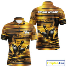 Load image into Gallery viewer, Front and back views of a men's bowling polo shirt mockup showcasing glossy gold and black bowling ball and pins artwork.
