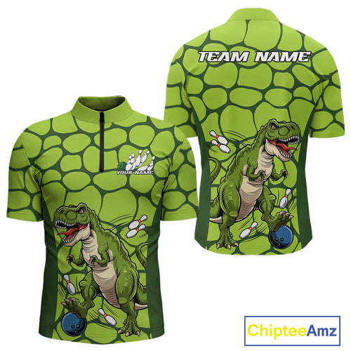 Custom Funny Green Dinosaur Bowling Team Men Quarter-Zip Shirt, Bowling Tournament Team Shirt IPHW9931
