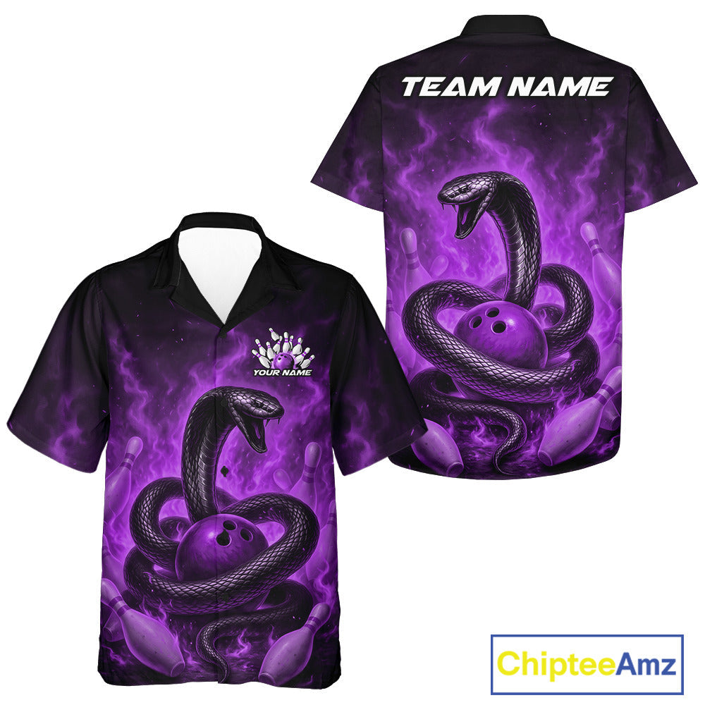 Custom Purple Flame Black Mamba Snake Bowling Men And Women Hawaiian Shirt, Snake Bowling Team Jerseys IPHW10150