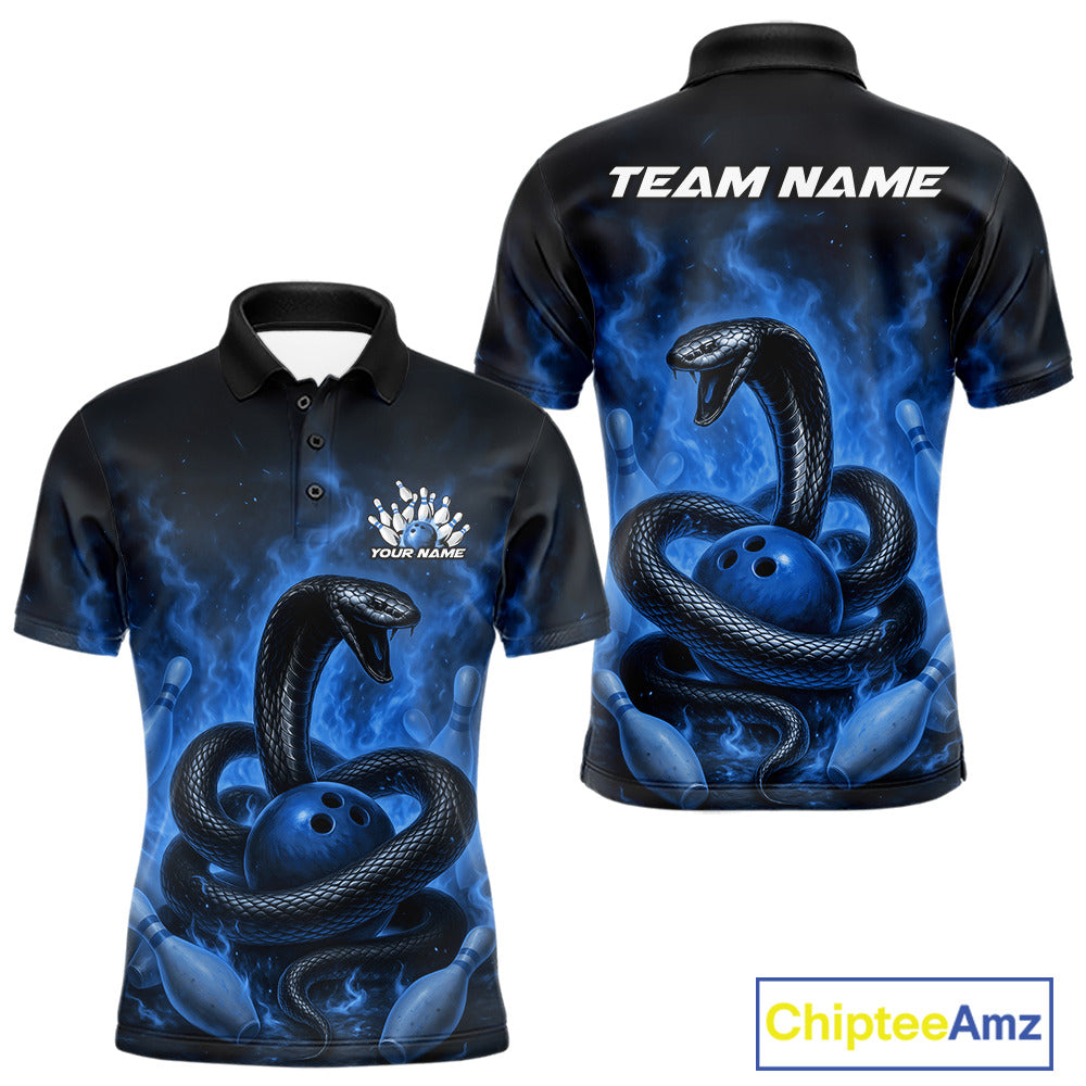 Custom Blue Flame Black Mamba Snake Bowling Men Polo Shirt, Snake Bowling Team Jerseys IPHW10151