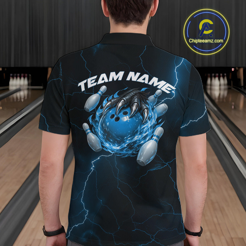 Back view of a black and blue mens bowling polo displaying a flaming bowling ball and dragon claw design.