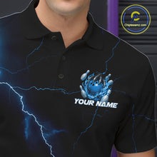Load image into Gallery viewer, Custom Black And Blue Lightning Montrous Flame Bowling Tournament Men Polo Team Shirt IPHW11072