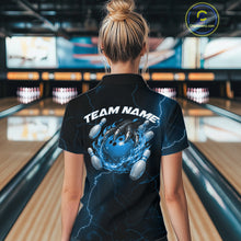 Load image into Gallery viewer, Back view of a black and blue womens bowling polo showcasing a dragon claw holding a flaming bowling ball with fantasy-inspired details.