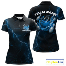 Load image into Gallery viewer, Front and back black and blue womens bowling polo featuring a dragon claw gripping a flaming bowling ball with scattered bowling pins.
