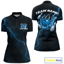 Load image into Gallery viewer, Custom Black And Blue Lightning Montrous Flame Bowling Tournament Women Shirt IPHW11072