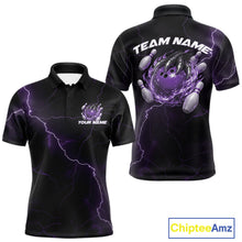 Load image into Gallery viewer, Custom Black And Purple Lightning Montrous Flame Bowling Tournament Men Polo Team Shirt IPHW11073