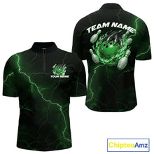 Load image into Gallery viewer, Custom Black And Green Lightning Montrous Flame Bowling Tournament Men Quarter-Zip Team Shirt IPHW11074