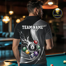 Load image into Gallery viewer, Back view of a male model wearing a black and silver billiard polo with metallic ribbons, dark honeycomb artwork, and scattered pool balls