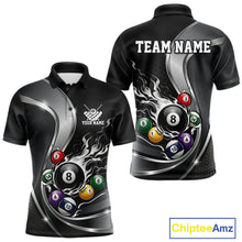 Load image into Gallery viewer, Front and back mockup of a mens black and silver billiard polo with metallic ribbon accents, dark honeycomb artwork, and a flaming 8-ball motif