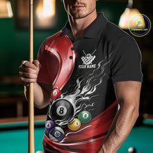 Load image into Gallery viewer, Male model wearing a black and red billiard polo with metallic ribbons, dark honeycomb graphics, and a flaming 8-ball, front view