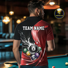 Load image into Gallery viewer, Back view of a male model in a black and red billiard polo with metallic ribbons, dark honeycomb graphics, and a flaming 8-ball