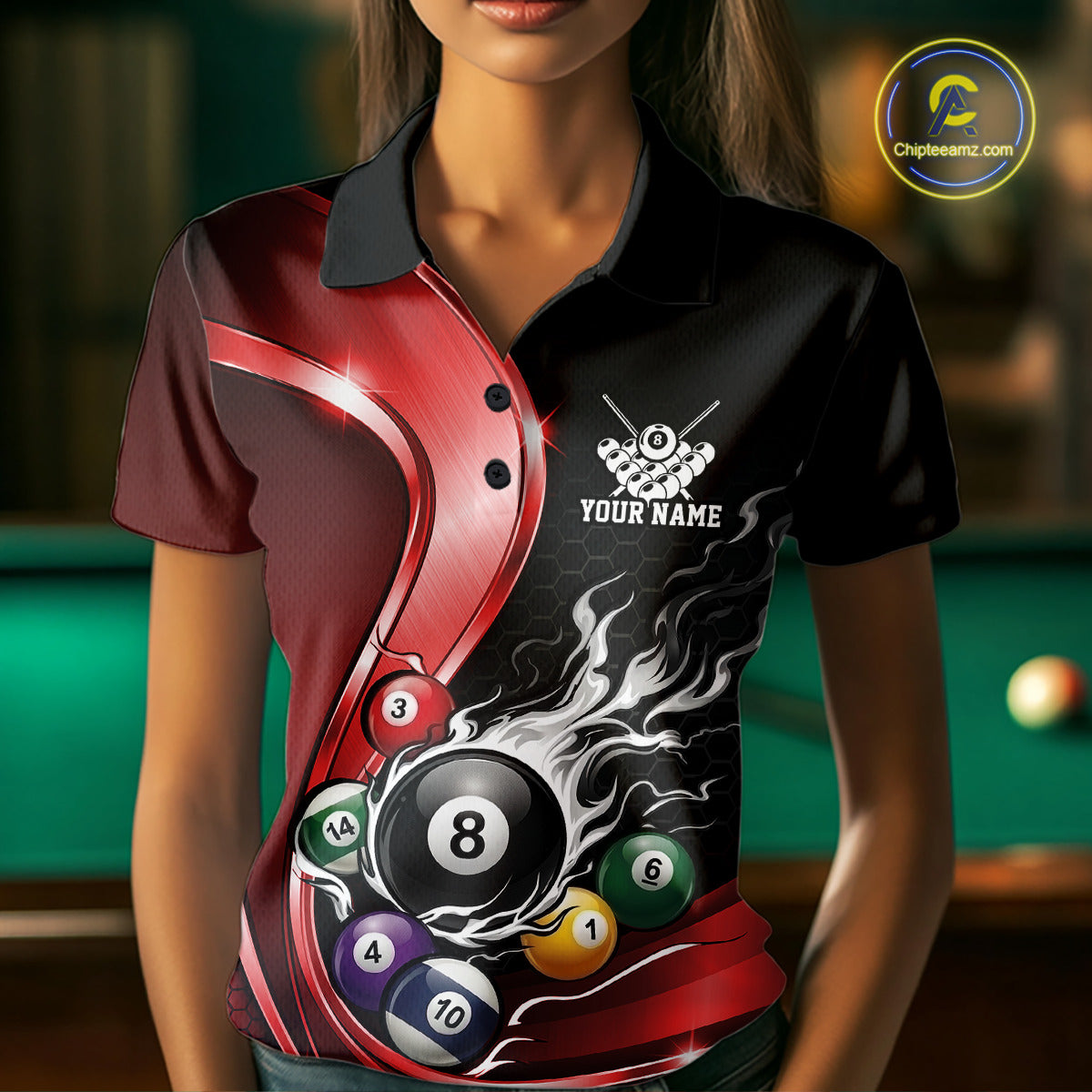 Front view of a female model in a black and red billiard polo with metallic ribbons, dark honeycomb graphics, and a flaming 8-ball