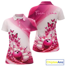 Load image into Gallery viewer, Front and back mockup of a womens white and pink bowling polo featuring butterfly artwork and colorful bowling graphics