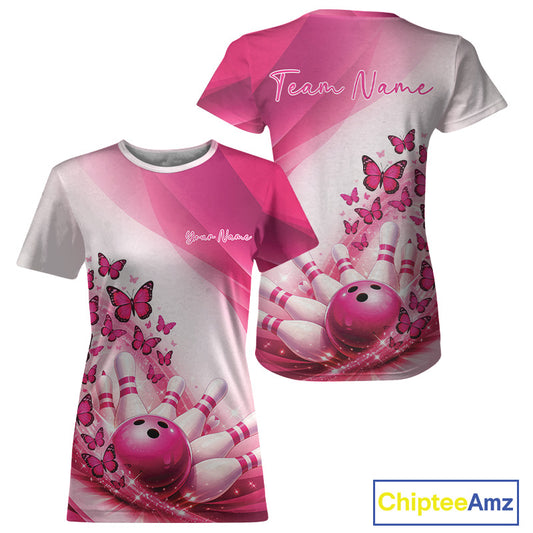 Front and back mockup of a womens white and pink crewneck bowling T-shirt decorated with butterfly artwork and bowling graphics