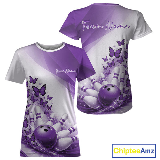 Womens white and purple crewneck bowling T-shirt mockup shown front and back with butterfly graphics and bowling-themed artwork