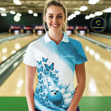 Load image into Gallery viewer, Custom Blue Butterfly Bowling Polo Shirts For Women, Ladies Bowling Team Jerseys IPHW11347