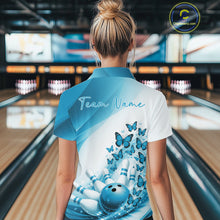 Load image into Gallery viewer, Custom Blue Butterfly Bowling Polo Shirts For Women, Ladies Bowling Team Jerseys IPHW11347