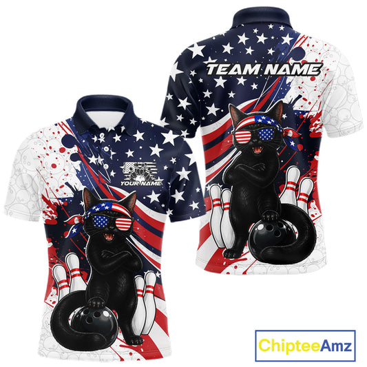 Front and back views of a patriotic bowling polo with stars and red stripes, featuring a sunglasses-wearing cat, bowling pins, and customizable name text.