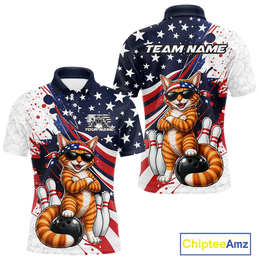 Front and back views of a patriotic bowling polo with stars and red stripes, featuring a sunglasses-wearing cat, bowling pins, and customizable name text.