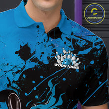 Load image into Gallery viewer, Custom Blue Flame Bowling Men Polo Shirts, Splatter Bowling Team Tournament Shirt IPHW9933