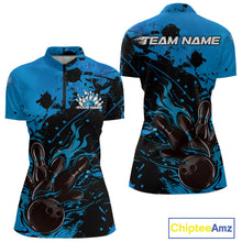 Load image into Gallery viewer, Custom Blue Flame Bowling Women Quarter-Zip Shirt, Splatter Bowling Team Tournament Shirt IPHW9933