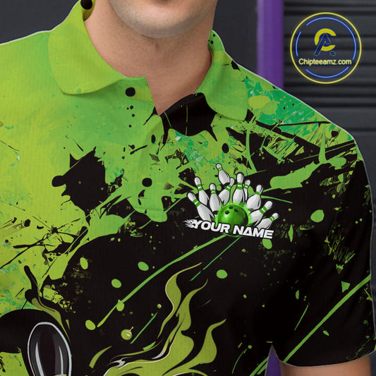 Custom Green Flame Bowling Men Polo Shirts, Splatter Bowling Team Tournament Shirt IPHW9934