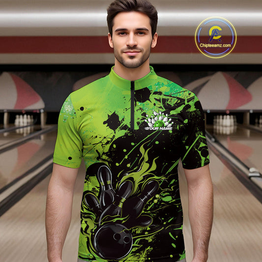 Custom Green Flame Bowling Men Quarter-Zip Shirts, Splatter Bowling Team Tournament Shirt IPHW9934