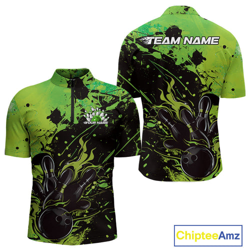 Custom Green Flame Bowling Men Quarter-Zip Shirts, Splatter Bowling Team Tournament Shirt IPHW9934