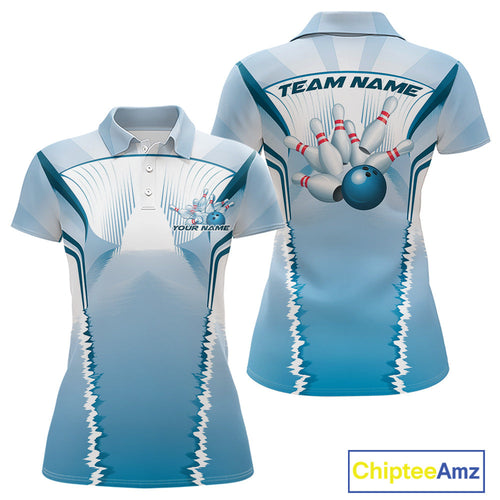 Custom Blue Bowling Team Jerseys, Bowling Uniform Bowling League Polo Shirts For Women IPHW9935