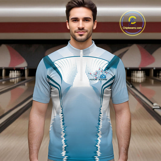 Custom Blue Bowling Team Jerseys, Bowling Uniform Bowling League Quarter-Zip Shirts For Men IPHW9935