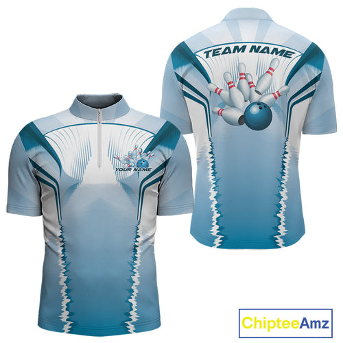 Custom Blue Bowling Team Jerseys, Bowling Uniform Bowling League Quarter-Zip Shirts For Men IPHW9935