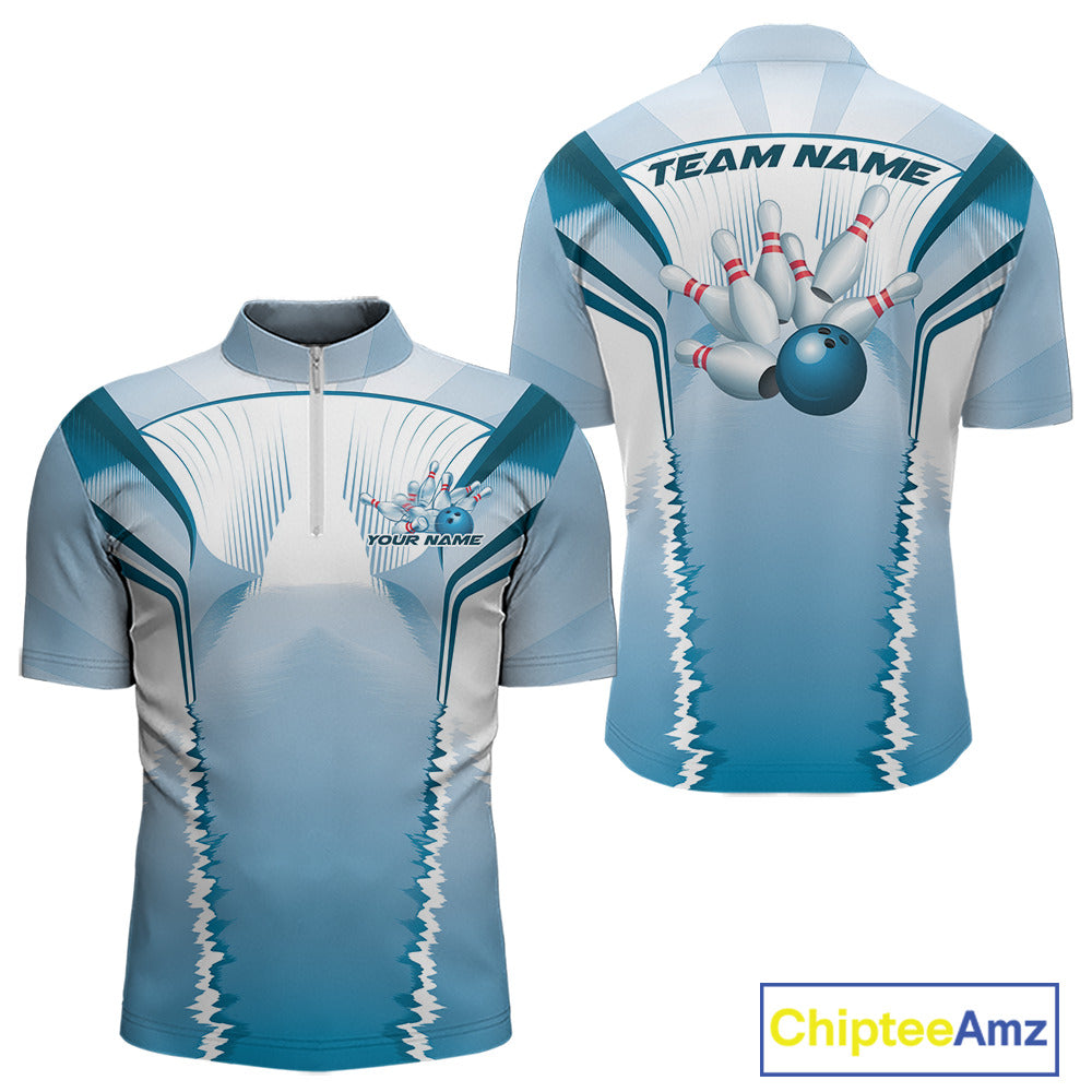 Custom Blue Bowling Team Jerseys, Bowling Uniform Bowling League Quarter-Zip Shirts For Men IPHW9935