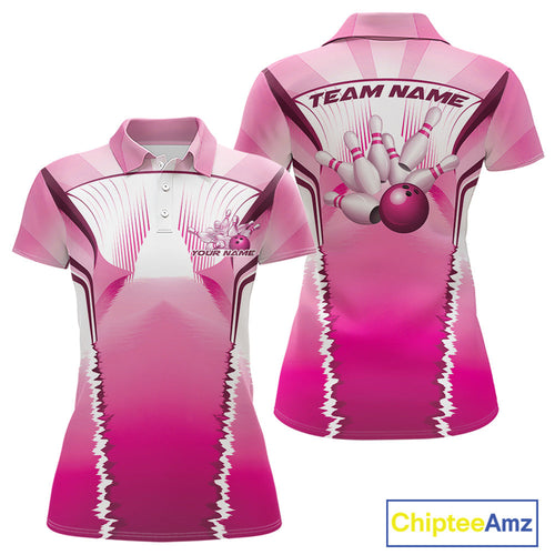 Custom Pink Bowling Team Jerseys, Bowling Uniform Bowling League Polo Shirts For Women IPHW9936