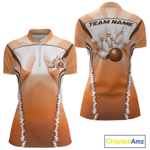 Custom Orange Bowling Team Jersey, Bowling Uniform Bowling League Women Quarter-Zip Shirt IPHW9937