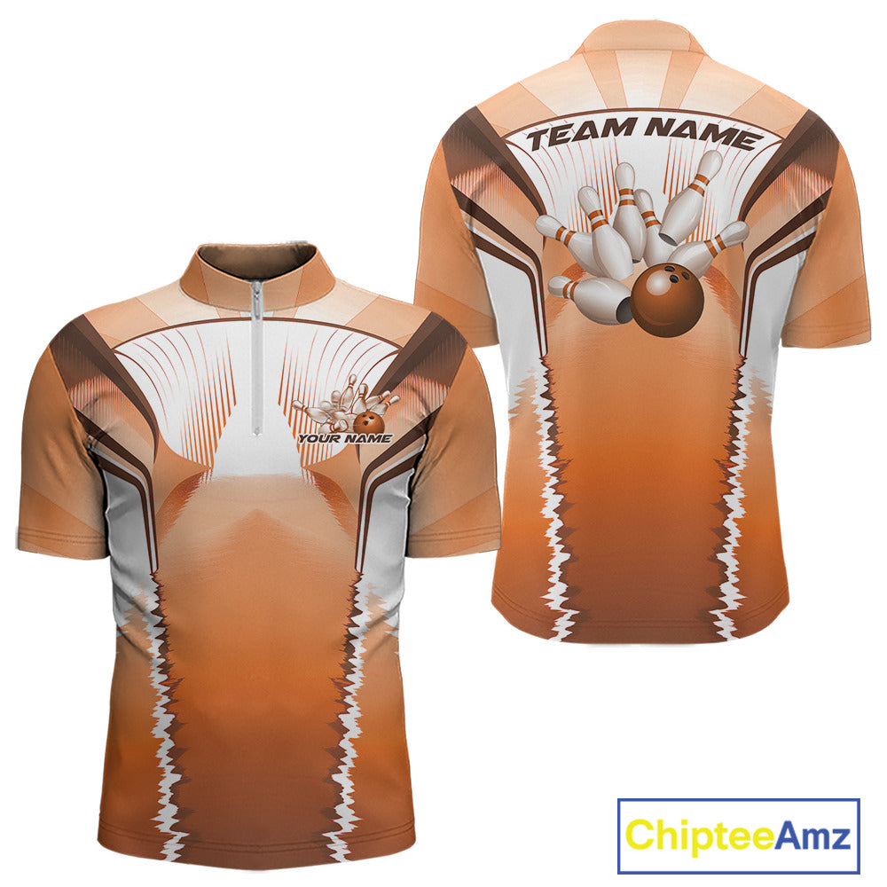 Custom Orange Bowling Team Jerseys, Bowling Uniform Bowling League Quarter-Zip Shirts For Men IPHW9937