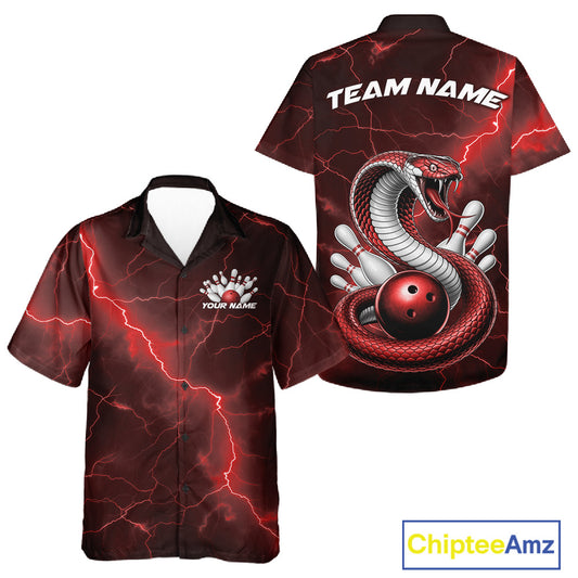 Button-up bowling shirt displaying a red cobra wrapped around a bowling ball with scattered pins and fantasy styling.
