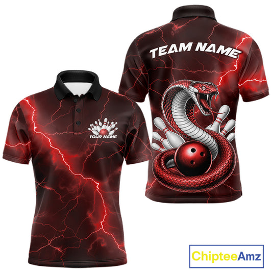 Front and back mens bowling polo featuring a red cobra snake coiled around a bowling ball with scattered bowling pins and fantasy lightning effects.
